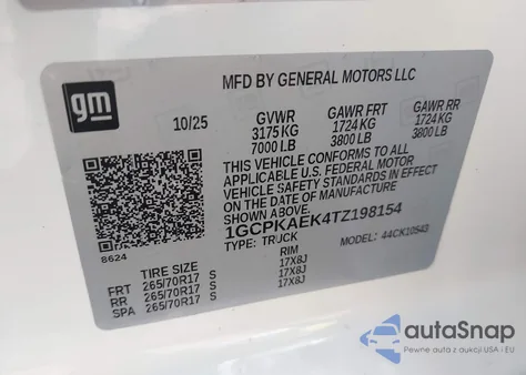 2026 Chevrolet Silverado 1500 4Wd Short Bed Wt/4Wd Standard Bed Wt z USA, uszkodzony, nr VIN 1GCPKAEK4TZ198154